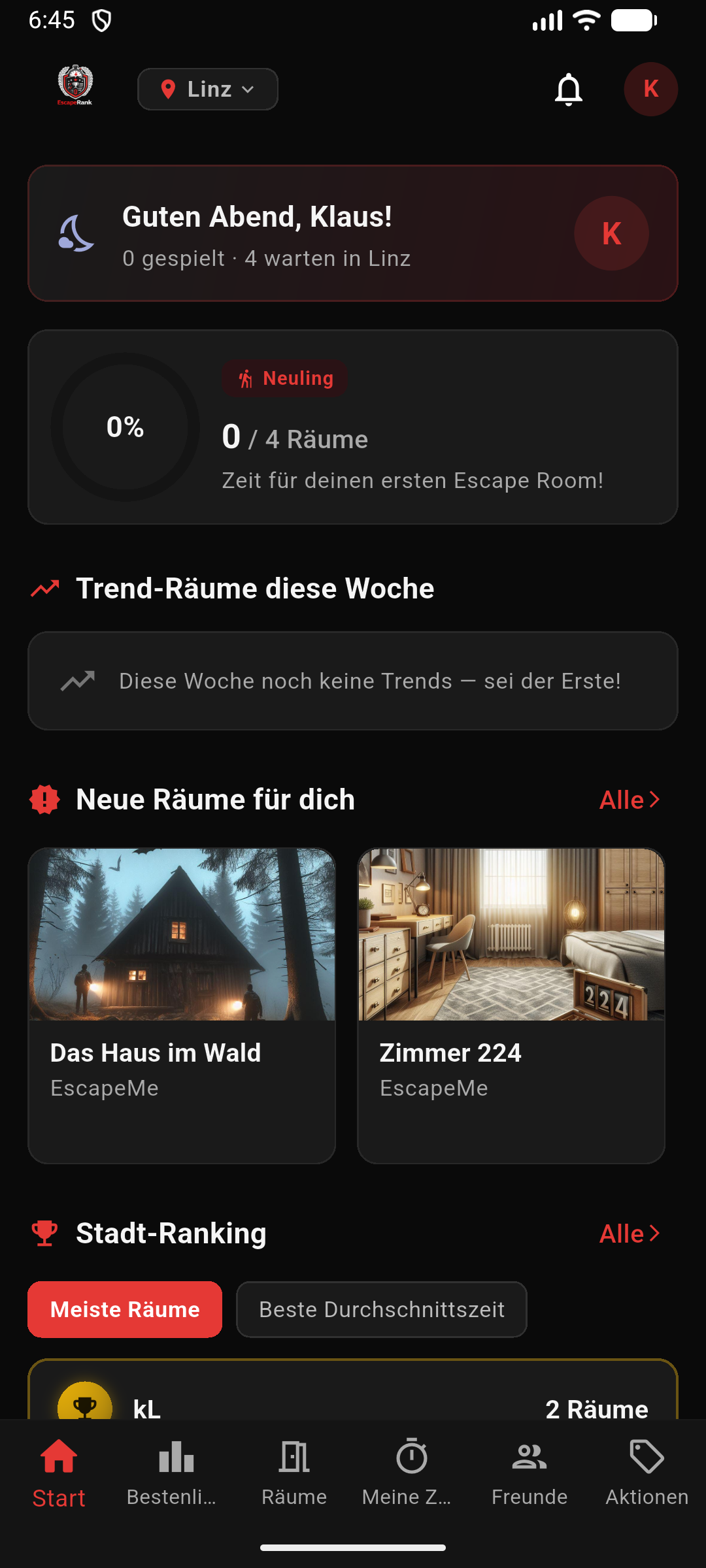 EscapeRank Home Screen
